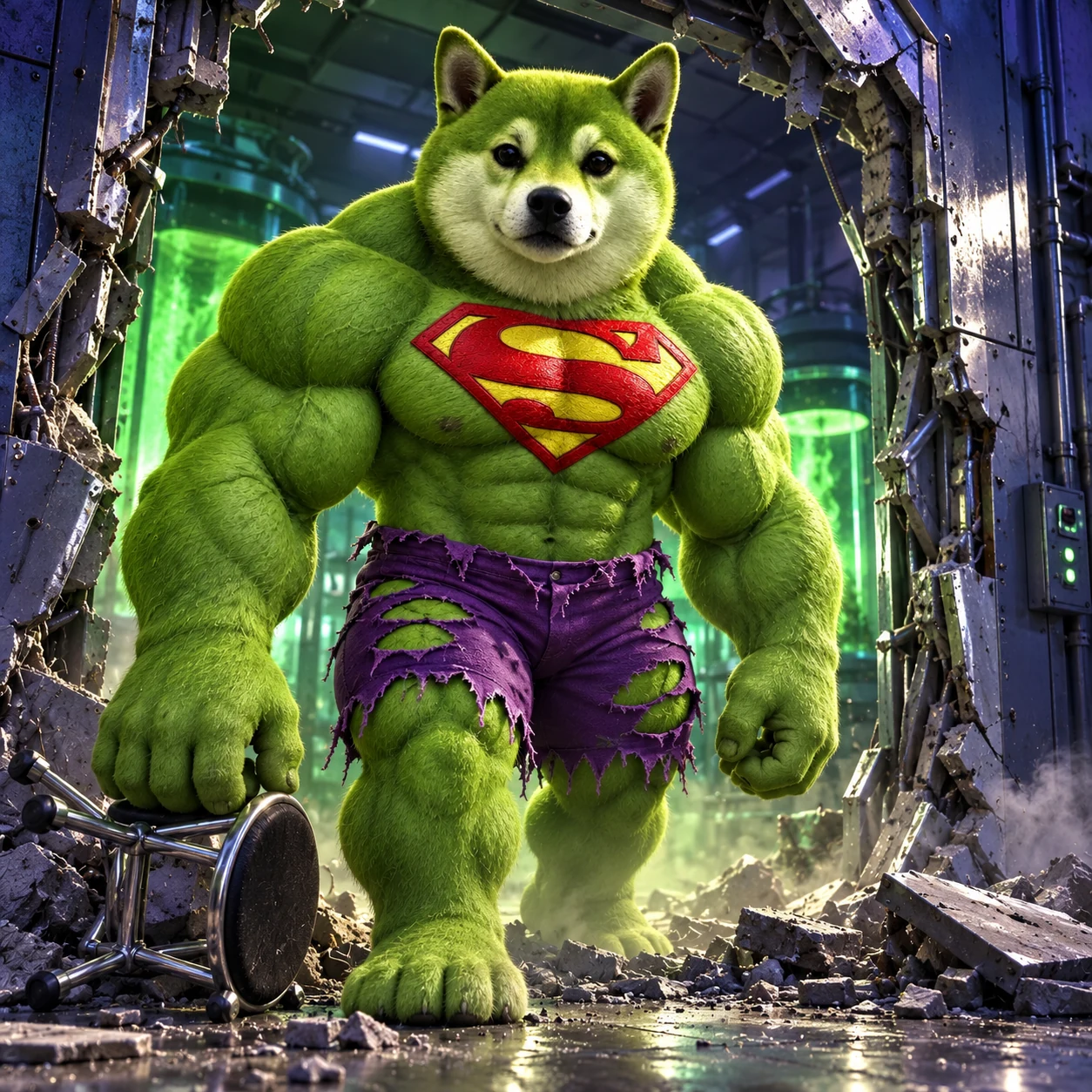 Super Inu Hulk innocently standing in a broken laboratory doorway